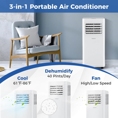 Costway Portable Air Conditioner 9000 BTU 3 in 1 AC Unit with Fan Dehumidifier Sleep Mode 6250 BTU(9000BTU ASHRAE)