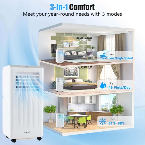 Costway 8000 BTU Portable Air Conditioner 3-in-1 Freestanding Air Cooler with Dehumidifier 5000 BTU(8000BTU ASHRAE)