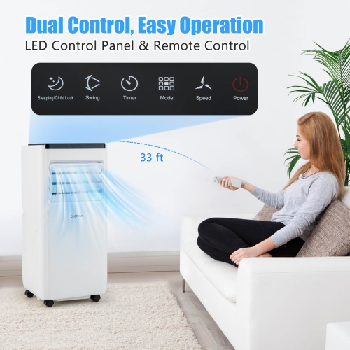 Costway 8000 BTU Portable Air Conditioner Cools up to 250 Sq.Ft with Fan & Dehumidifier 5000 BTU(8000BTU ASHRAE)