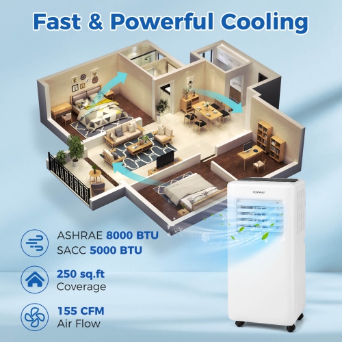Costway 8000 BTU Portable Air Conditioner 3 in 1 Air Cooler with Fan & Dehumidifier 5000 BTU(8000BTU ASHRAE)