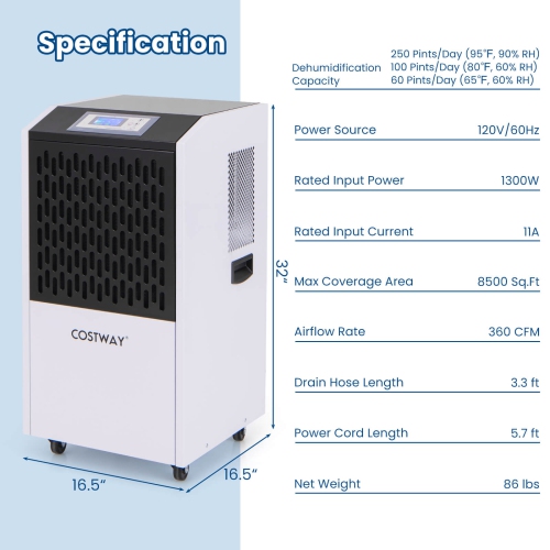 Costway 250 Pints Commercial Dehumidifier Industrial Heavy Duty Dehumidifierw/Drain Hose