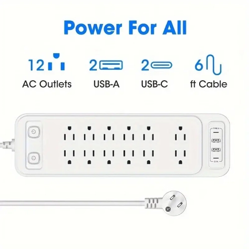 12 AC Outlet Surge Protector Power Strip Bar with USB & USB-C Ports, 6Ft Extension Cord, Flat Plug, 2100 Joules, Overload Protection , Space Saving