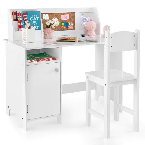 Costway Kids Study Desk Chair Children Table & Chair Set with Whiteboard White