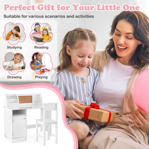 Costway Kids Study Desk Chair Children Table & Chair Set with Whiteboard White