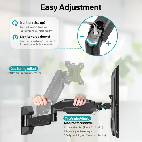 Dual Monitor Wall Mount for 2 Computer Screen up to 32 Inch, Gas Spring Double Monitor Arm Holds Up to 17.6lbs Each, Full Motion Adjustable Wall
