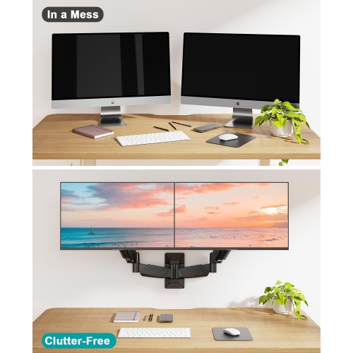 Dual Monitor Wall Mount for 2 Computer Screen up to 32 Inch, Gas Spring Double Monitor Arm Holds Up to 17.6lbs Each, Full Motion Adjustable Wall