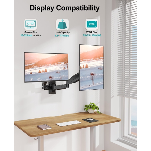 Dual Monitor Wall Mount for 2 Computer Screen up to 32 Inch, Gas Spring Double Monitor Arm Holds Up to 17.6lbs Each, Full Motion Adjustable Wall