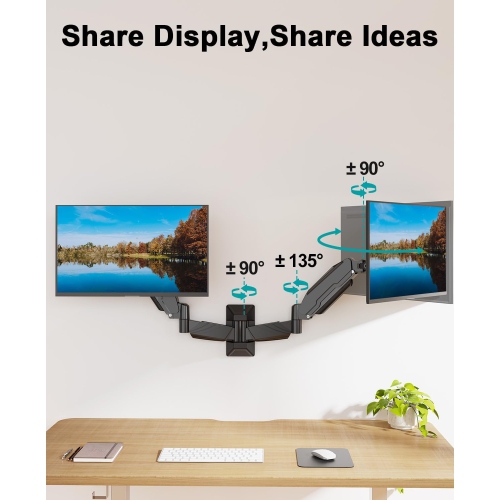 Dual Monitor Wall Mount for 2 Computer Screen up to 32 Inch, Gas Spring Double Monitor Arm Holds Up to 17.6lbs Each, Full Motion Adjustable Wall