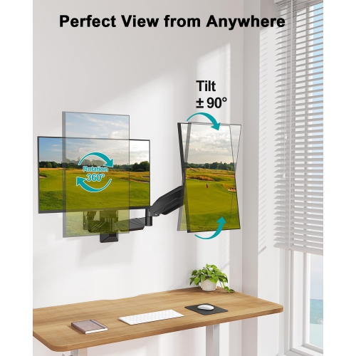 Dual Monitor Wall Mount for 2 Computer Screen up to 32 Inch, Gas Spring Double Monitor Arm Holds Up to 17.6lbs Each, Full Motion Adjustable Wall