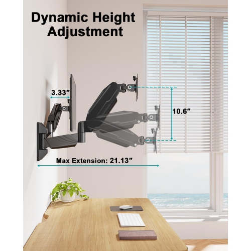 Dual Monitor Wall Mount for 2 Computer Screen up to 32 Inch, Gas Spring Double Monitor Arm Holds Up to 17.6lbs Each, Full Motion Adjustable Wall
