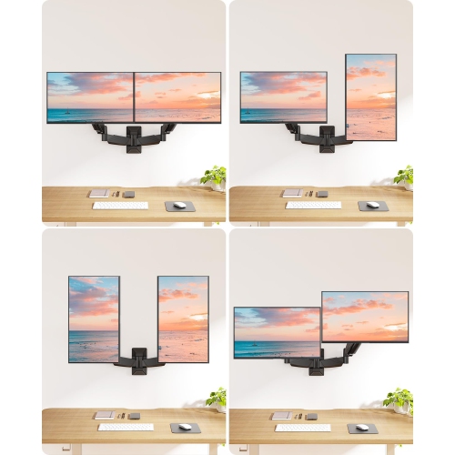 Dual Monitor Wall Mount for 2 Computer Screen up to 32 Inch, Gas Spring Double Monitor Arm Holds Up to 17.6lbs Each, Full Motion Adjustable Wall