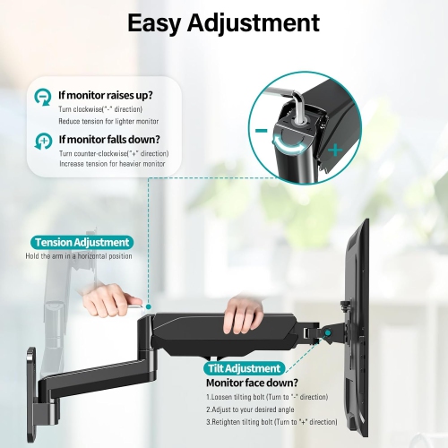 Dual Monitor Wall Mount for 13 to 32 Inch Computer Screens, Gas Spring Arm for 2 Monitors, Each Holds Up to 17.6lbs, Full Motion Wall Monitor Mount