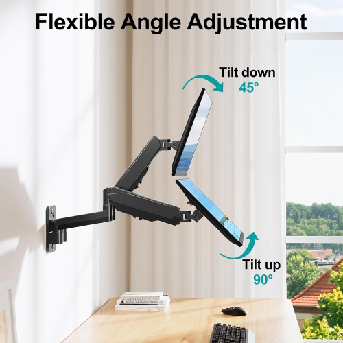 Dual Monitor Wall Mount for 13 to 32 Inch Computer Screens, Gas Spring Arm for 2 Monitors, Each Holds Up to 17.6lbs, Full Motion Wall Monitor Mount