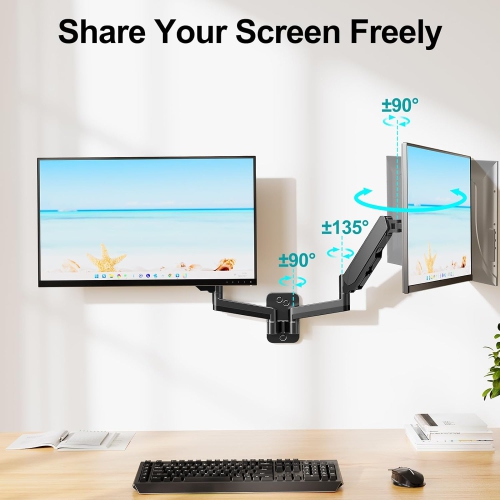 Dual Monitor Wall Mount for 13 to 32 Inch Computer Screens, Gas Spring Arm for 2 Monitors, Each Holds Up to 17.6lbs, Full Motion Wall Monitor Mount