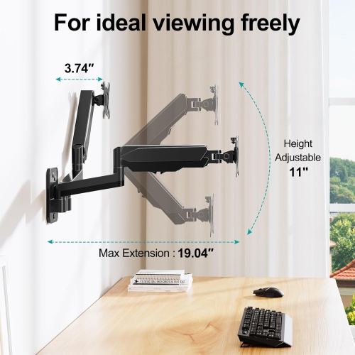 Dual Monitor Wall Mount for 13 to 32 Inch Computer Screens, Gas Spring Arm for 2 Monitors, Each Holds Up to 17.6lbs, Full Motion Wall Monitor Mount