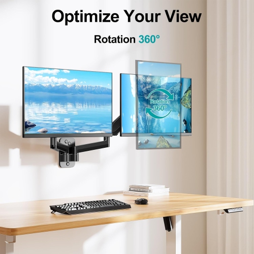 Dual Monitor Wall Mount for 13 to 32 Inch Computer Screens, Gas Spring Arm for 2 Monitors, Each Holds Up to 17.6lbs, Full Motion Wall Monitor Mount