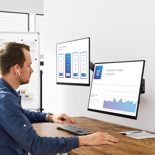 Dual Monitor Wall Mount for 13 to 32 Inch Computer Screens, Gas Spring Arm for 2 Monitors, Each Holds Up to 17.6lbs, Full Motion Wall Monitor Mount