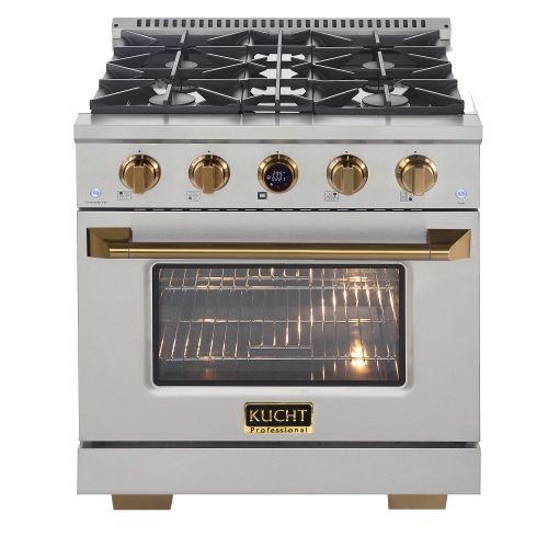 30 in. 4.2 cu. ft. 4 Burners Dual Fuel Range for Natural Gas in Stainless Steel with Gold Accents and Kucht Horus Thermostat