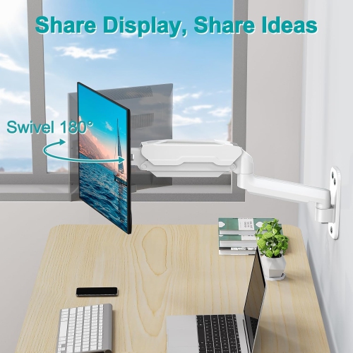 Single Monitor Wall Mount for 13 to 32 Inch Computer Screens, Gas Spring Arm Holds Up to 17.6lbs, Full Motion Adjustable, VESA Mount 75 x 75, 100 x