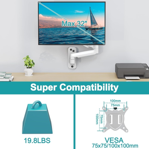 Single Monitor Wall Mount for 13 to 32 Inch Computer Screens, Gas Spring Arm Holds Up to 17.6lbs, Full Motion Adjustable, VESA Mount 75 x 75, 100 x