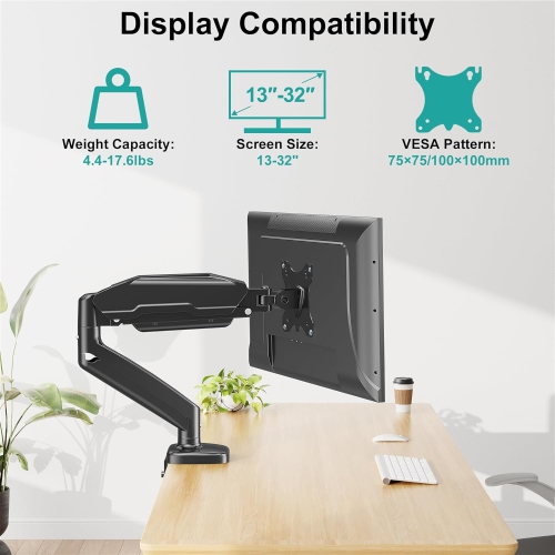 Single Monitor Desk Mount - Articulating Gas Spring Arm, Removable VESA Stand with Clamp and Grommet Base Fits 13 to 32 Inch Computer Monitors, Black