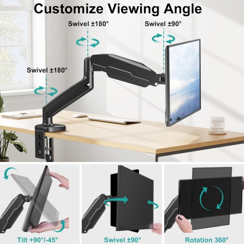 Single Monitor Desk Mount - Articulating Gas Spring Arm, Removable VESA Stand with Clamp and Grommet Base Fits 13 to 32 Inch Computer Monitors, Black
