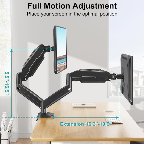 Single Monitor Desk Mount - Articulating Gas Spring Arm, Removable VESA Stand with Clamp and Grommet Base Fits 13 to 32 Inch Computer Monitors, Black