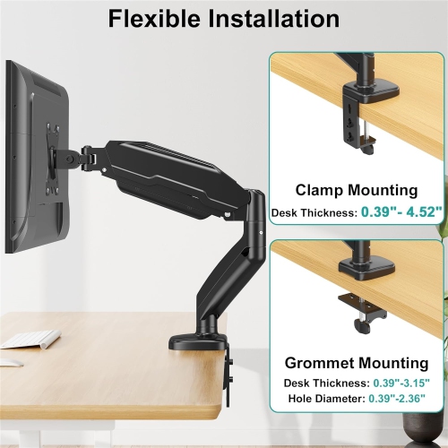 Single Monitor Desk Mount - Articulating Gas Spring Arm, Removable VESA Stand with Clamp and Grommet Base Fits 13 to 32 Inch Computer Monitors, Black