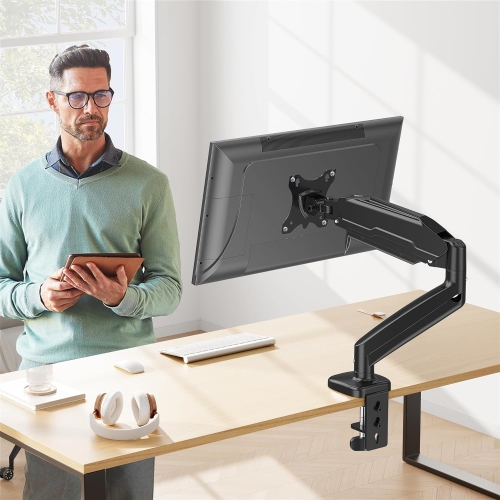 Single Monitor Desk Mount - Articulating Gas Spring Arm, Removable VESA Stand with Clamp and Grommet Base Fits 13 to 32 Inch Computer Monitors, Black