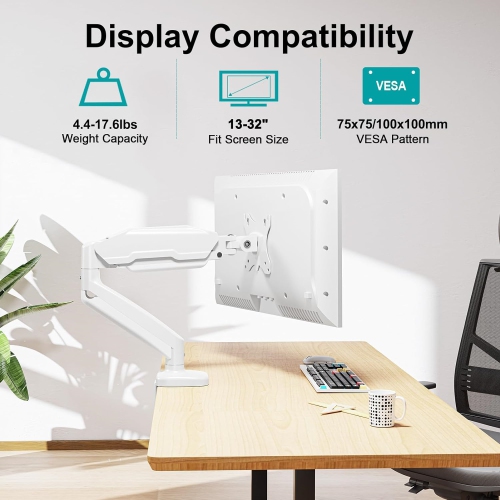 Single Monitor Desk Mount - Articulating Gas Spring Arm, Removable VESA Stand with Clamp and Grommet Base Fits 13 to 32 Inch Computer Monitors, White