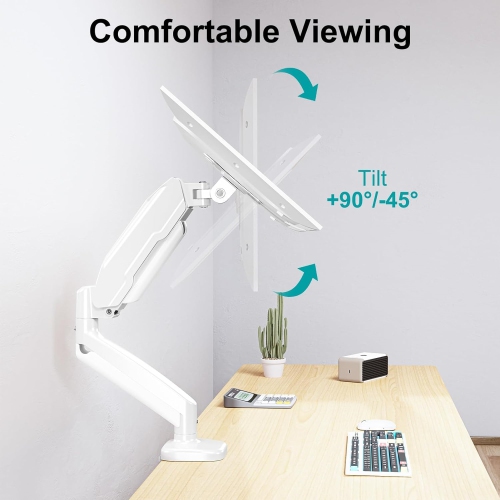 Single Monitor Desk Mount - Articulating Gas Spring Arm, Removable VESA Stand with Clamp and Grommet Base Fits 13 to 32 Inch Computer Monitors, White