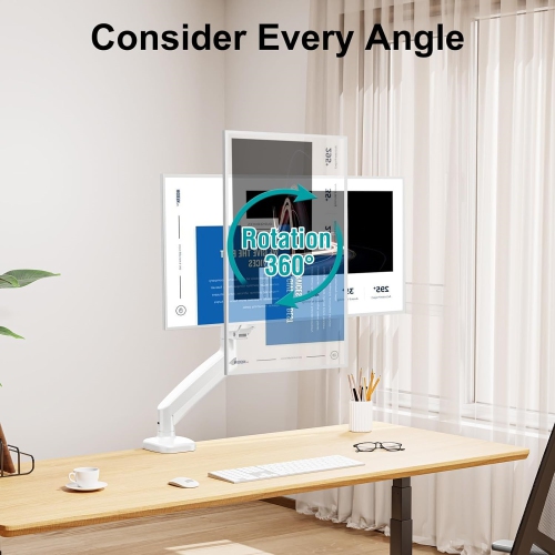 Single Monitor Desk Mount - Articulating Gas Spring Arm, Removable VESA Stand with Clamp and Grommet Base Fits 13 to 32 Inch Computer Monitors, White