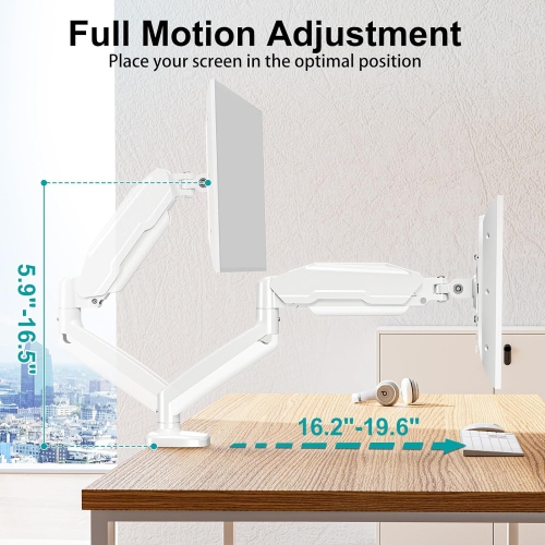 Single Monitor Desk Mount - Articulating Gas Spring Arm, Removable VESA Stand with Clamp and Grommet Base Fits 13 to 32 Inch Computer Monitors, White
