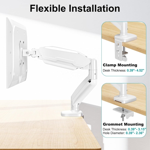 Single Monitor Desk Mount - Articulating Gas Spring Arm, Removable VESA Stand with Clamp and Grommet Base Fits 13 to 32 Inch Computer Monitors, White