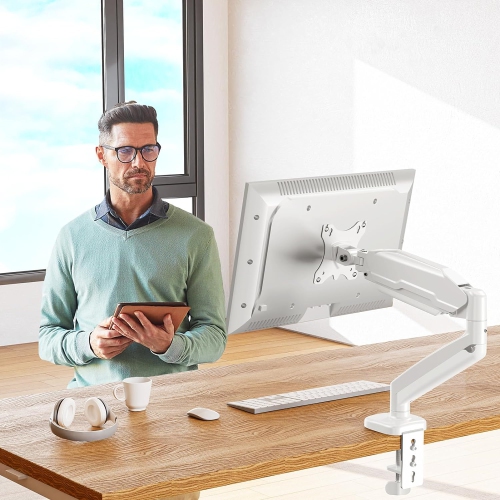 Single Monitor Desk Mount - Articulating Gas Spring Arm, Removable VESA Stand with Clamp and Grommet Base Fits 13 to 32 Inch Computer Monitors, White