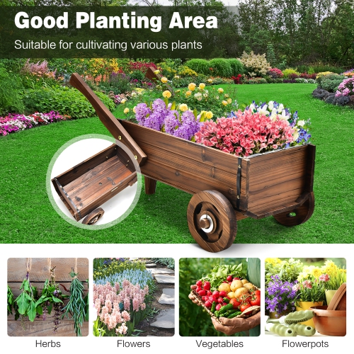 Costway Decorative Wagon Cart Plant Flower Pot Stand Wooden Raised Garden Planter Box