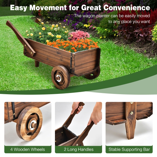 Costway Decorative Wagon Cart Plant Flower Pot Stand Wooden Raised Garden Planter Box