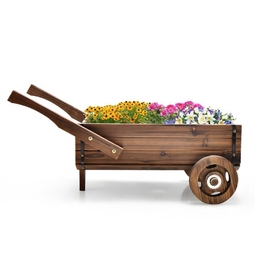 Costway Decorative Wagon Cart Plant Flower Pot Stand Wooden Raised Garden Planter Box