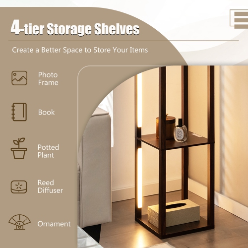 Costway 64" Modern Shelf Floor Lamp with 3-Level Dimmable LED Bulbs and Rotatable Poles