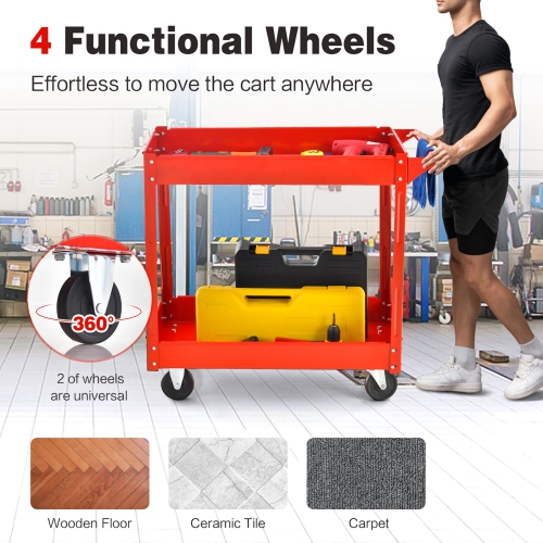 Meuble de rangement à outils sur roulettes avec poignée pour chariot de service en métal à 2 niveaux de Costway