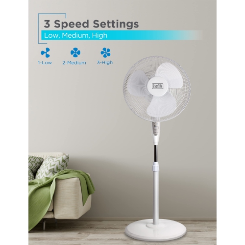 BLACK+DECKER 16-inch Stand Fan with Remote, Free-Standing Fan 3-Speed Settings, White