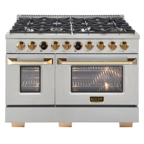 48 in. 6.7 cu. ft. 8 Burners Dual Fuel Range for Propane Gas in Stainless Steel with Gold Accents and Kucht Horus Thermostat