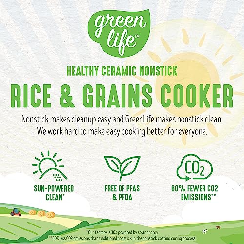 GreenLife Healthy Ceramic Nonstick 4-Cup Rice Oats and Grains Cooker, PFAS-Free, Dishwasher Safe Parts, White