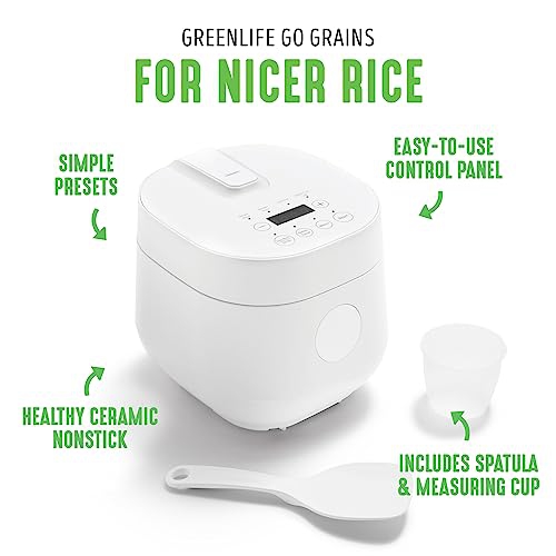 GreenLife Healthy Ceramic Nonstick 4-Cup Rice Oats and Grains Cooker, PFAS-Free, Dishwasher Safe Parts, White