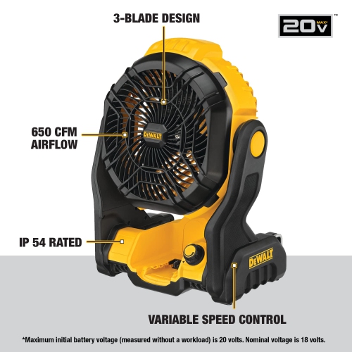 DEWALT 20V MAX* Cordless Fan, Portable, Multi Hanging, Up to 650 CFM Airflow, Tool Only