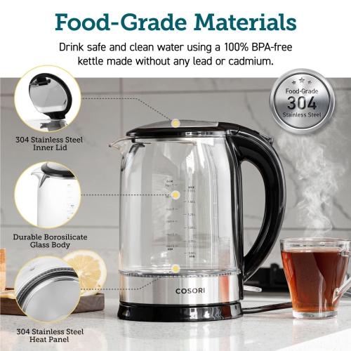 Cosori 1.7l Electric Kettle Glass, Tea Kettle, Water Boiler,1500w Fast Boiling with Stainless Inner Lid and Pot, Led I..