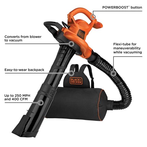 BLACK+DECKER Leaf Blower Vacuum Back Pack and Mulcher, Power Boost up to 250 MPH, 400 CFM, Corded