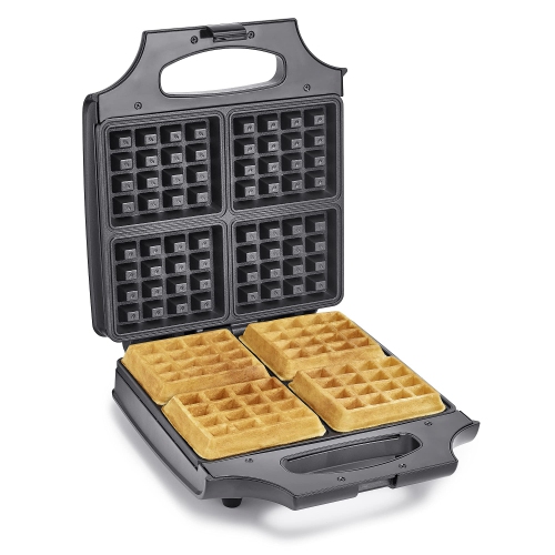 BELLA Classic Waffle Iron, 4 Square Belgian Waffle Maker, Non-stick Extra Large Plates, Stainless Steel, Black, 1400W