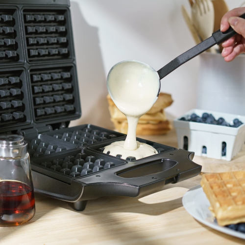 BELLA Classic Waffle Iron, 4 Square Belgian Waffle Maker, Non-stick Extra Large Plates, Stainless Steel, Black, 1400W