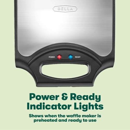 BELLA Classic Waffle Iron, 4 Square Belgian Waffle Maker, Non-stick Extra Large Plates, Stainless Steel, Black, 1400W